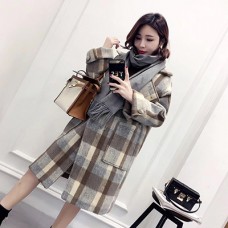 冬季韩版单扣格子翻领毛呢外套女装中长款加厚宽松呢大衣